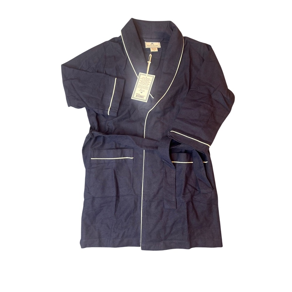 Petite Plume Kids Boy Unisex Navy Flannel Robe White Piping CRNW104 Size 3/4 NEW